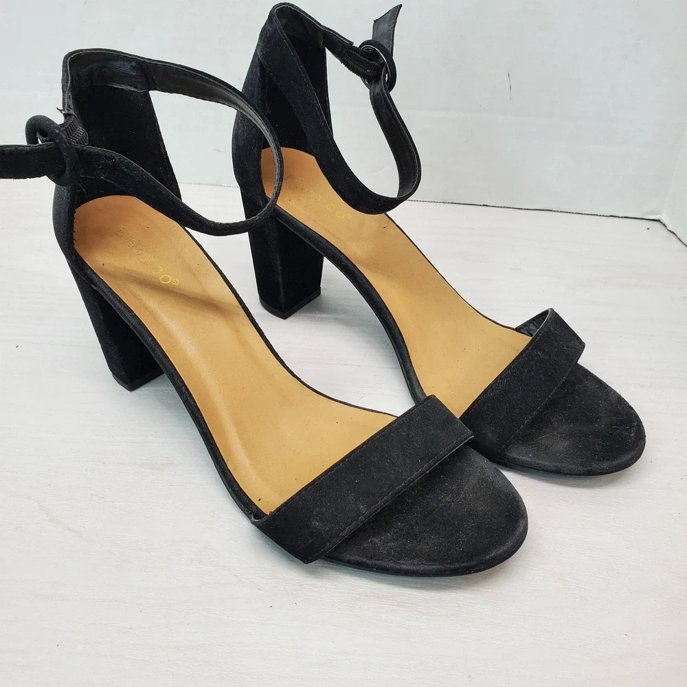 Bamboo Black Suede Ankle Strap Block Heel Sandals Women Size 10
